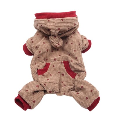 Téli kutya macska Jumpsuit kapucnis szívek és kordbársony Design Pet Puppy meleg overál