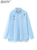 Zevity női divat gyémánt gyöngy hímzés poplin blúz irodai blúz női hosszú ujjú alkalmi ing elegáns Chemise blusas felsők LS5554