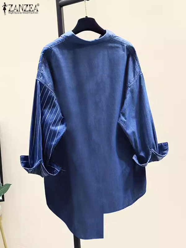 ZANZEA Раирани пачуърк блузи 2024 Летни дамски ризи с дълъг ръкав Дамски работни блузи Ежедневни свободни блузи Пуловери с големи размери