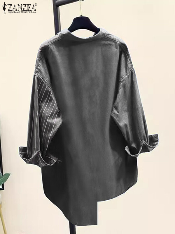 ZANZEA Раирани пачуърк блузи 2024 Летни дамски ризи с дълъг ръкав Дамски работни блузи Ежедневни свободни блузи Пуловери с големи размери