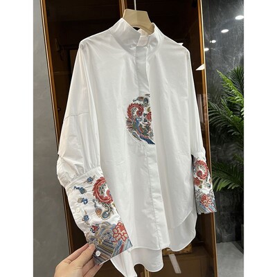 Îmbrăcăminte pentru femei Bluze vintage supradimensionate în stil chinezesc Decolteu cu mânecă lungă Bluse casual de femei Cămăși cu broderie Topuri