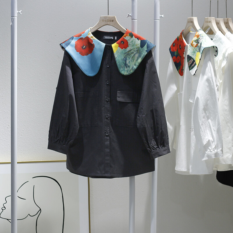 Винтидж цветни контрастни ризи с яка на Питър Пан Обикновена свободна ежедневна дамска блуза с дълъг ръкав Пролет Есен 2024 Нови Blusas Mujer