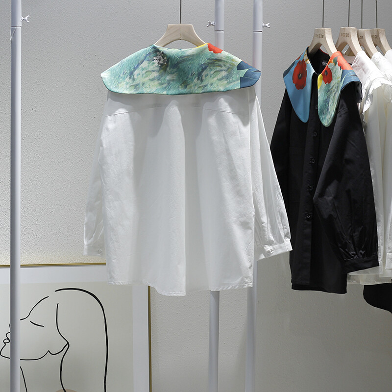 Винтидж цветни контрастни ризи с яка на Питър Пан Обикновена свободна ежедневна дамска блуза с дълъг ръкав Пролет Есен 2024 Нови Blusas Mujer