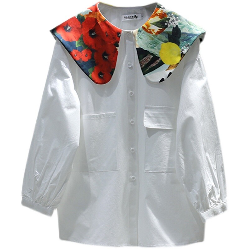 Винтидж цветни контрастни ризи с яка на Питър Пан Обикновена свободна ежедневна дамска блуза с дълъг ръкав Пролет Есен 2024 Нови Blusas Mujer