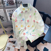 Komiyama színes betűkkel nyomott Blusas Mujer hajtóka nyakú hosszú ujjú ingek Blúzok Kawaii Laza Camisas őszi Y2k ing felsők