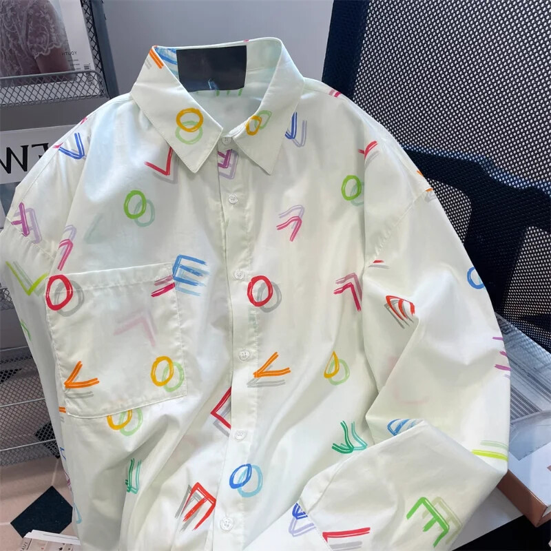 Komiyama Цветни Blusas с отпечатани букви Blusas Mujer Ризи с дълъг ръкав с деколте с ревер Блузи Kawaii Свободни камиси Есенни горнища на ризи Y2k