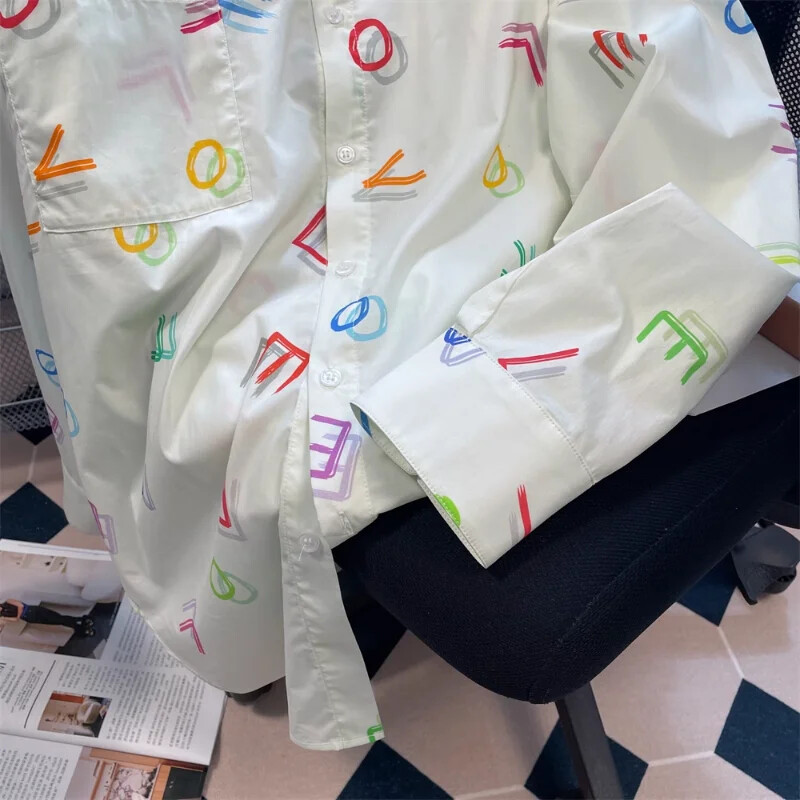 Komiyama Цветни Blusas с отпечатани букви Blusas Mujer Ризи с дълъг ръкав с деколте с ревер Блузи Kawaii Свободни камиси Есенни горнища на ризи Y2k