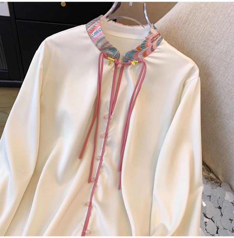Сатенена дамска риза в китайски стил Свободни пачуърк блузи Модни дрехи с дълги ръкави Пролет/Лято Дамски топове