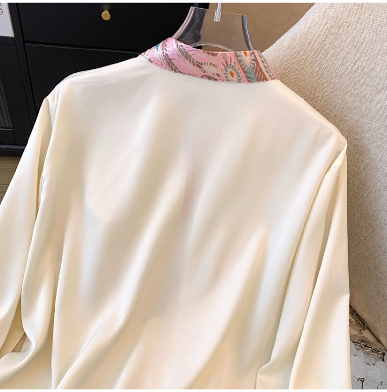 Сатенена дамска риза в китайски стил Свободни пачуърк блузи Модни дрехи с дълги ръкави Пролет/Лято Дамски топове