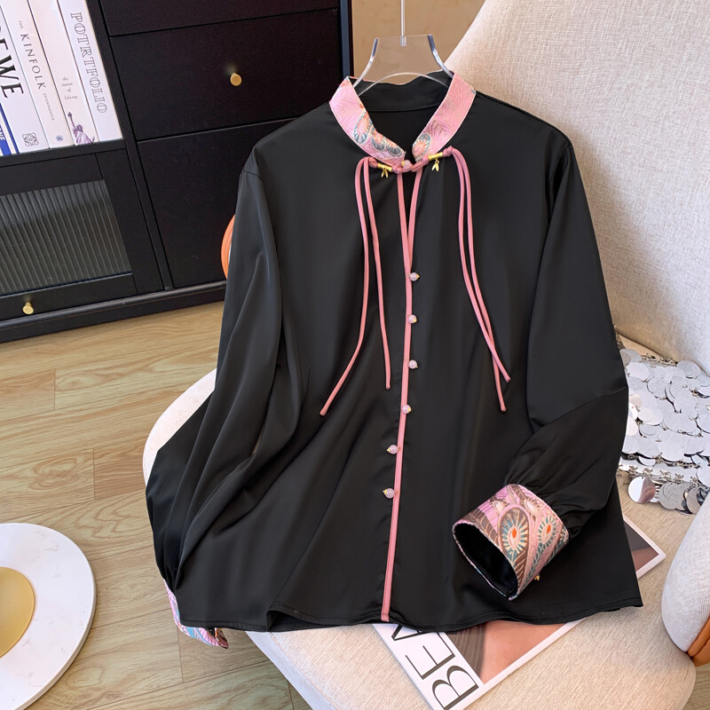 Сатенена дамска риза в китайски стил Свободни пачуърк блузи Модни дрехи с дълги ръкави Пролет/Лято Дамски топове