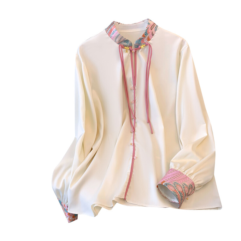 Сатенена дамска риза в китайски стил Свободни пачуърк блузи Модни дрехи с дълги ръкави Пролет/Лято Дамски топове
