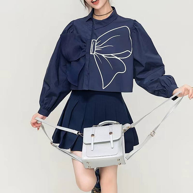 Модна блуза със сладка панделка Дамска пролетна лятна горна яка с дълги ръкави Ризи Blusas Mujer