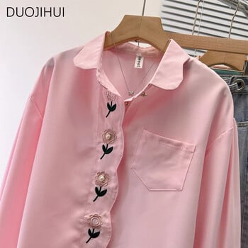 DUOJIHUI Spring Pink Chic Floral Button Sweet Loose γυναικείο πουκάμισο Νέο vintage μονόχρωμο μονόχρωμο γυναικείο πουκάμισο απλό casual S-XL