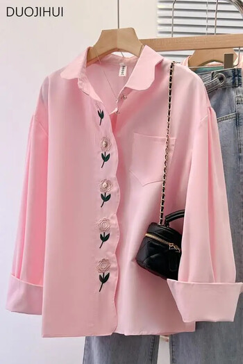 DUOJIHUI Spring Pink Chic Floral Button Sweet Loose γυναικείο πουκάμισο Νέο vintage μονόχρωμο μονόχρωμο γυναικείο πουκάμισο απλό casual S-XL