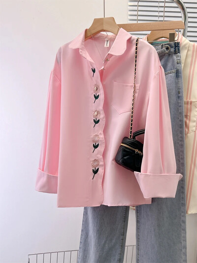 DUOJIHUI primăvară roz șic cu nasturi florale dulci cămașă largi pentru femei, noua epocă, culoare solidă, modă, simplu, casual, S-XL, cămăși pentru femei