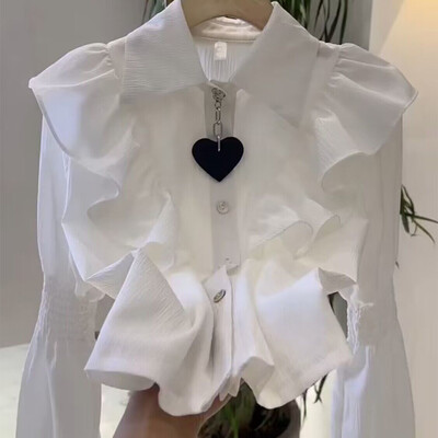 Camisas De Mujer elegáns felső Blusas női elegáns OL fehér hosszú ujjú ing, fodros, lehajtható gallérral, alkalmi blúz