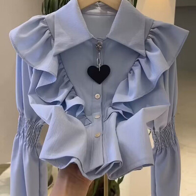 Camisas De Mujer elegáns felső Blusas női elegáns OL fehér hosszú ujjú ing, fodros, lehajtható gallérral, alkalmi blúz