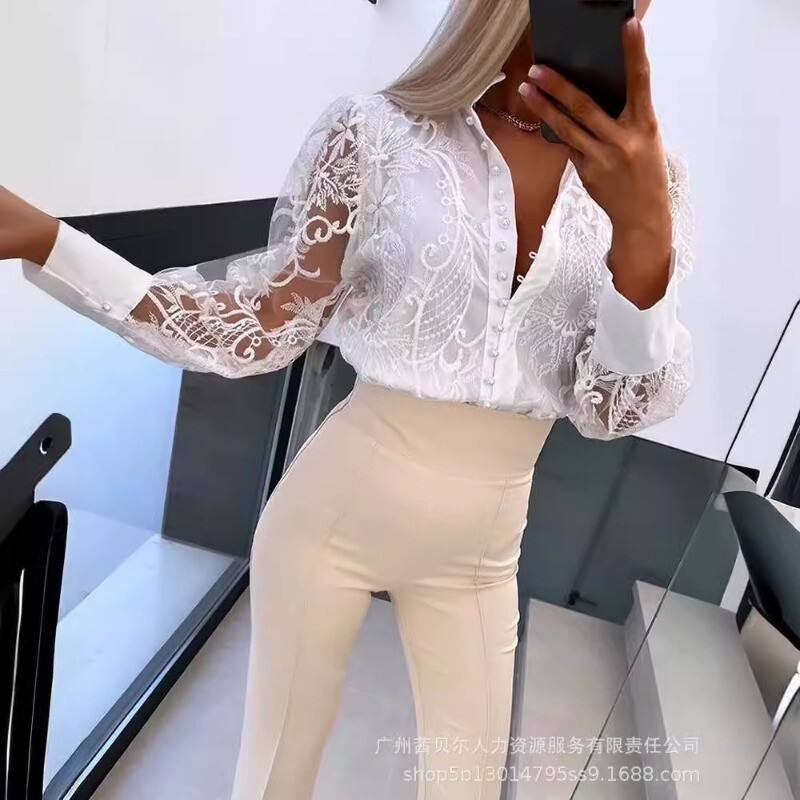 Пролет Лято Ново дамско облекло Едноцветна перлена едноредна дантелена риза с дълъг ръкав