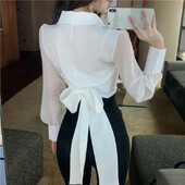 Topuri crop de damă 2024 Bluse Mujer De Moda cu decolteu în V cu fundă cu fundă bluze din șifon cu talie subțire cămașă albă elegantă coreeană