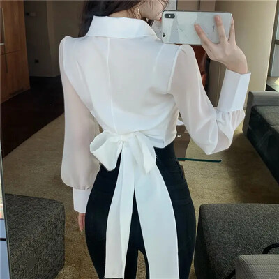 Női Crop felsők 2024 Blusas Mujer De Moda V-nyakú kötszer masni vékony derék sifon blúzok koreai elegáns fehér ing