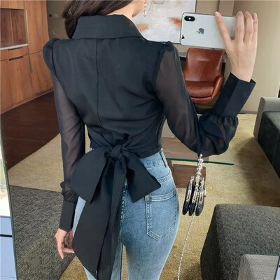 Topuri crop de damă 2024 Bluse Mujer De Moda cu decolteu în V cu fundă cu fundă bluze din șifon cu talie subțire cămașă albă elegantă coreeană