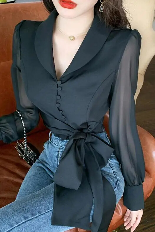 Дамски укорочени топове 2024 Blusas Mujer De Moda V-образно деколте Бандажни блузи с тънка талия Шифонени блузи Корейска елегантна бяла риза