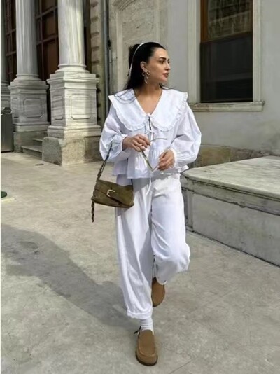 2024 Vintage Női Édes Fodor Ingek Divat Női Peter Pan galléros blúzok Női Elegáns masni gombok Felsők Ruhák Elegáns