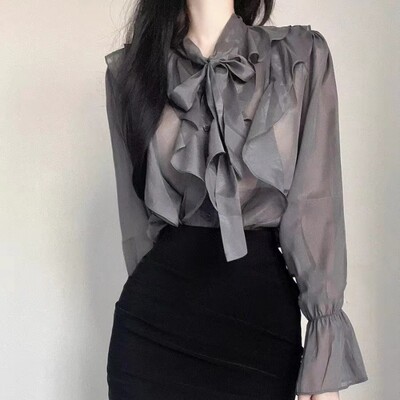 Bluză din șifon coreeană de vară Office Lady Topuri de modă de toamnă Cămăși cu fundă dulce pentru femei Bluze casual cu mânecă lungă Bluze 13864