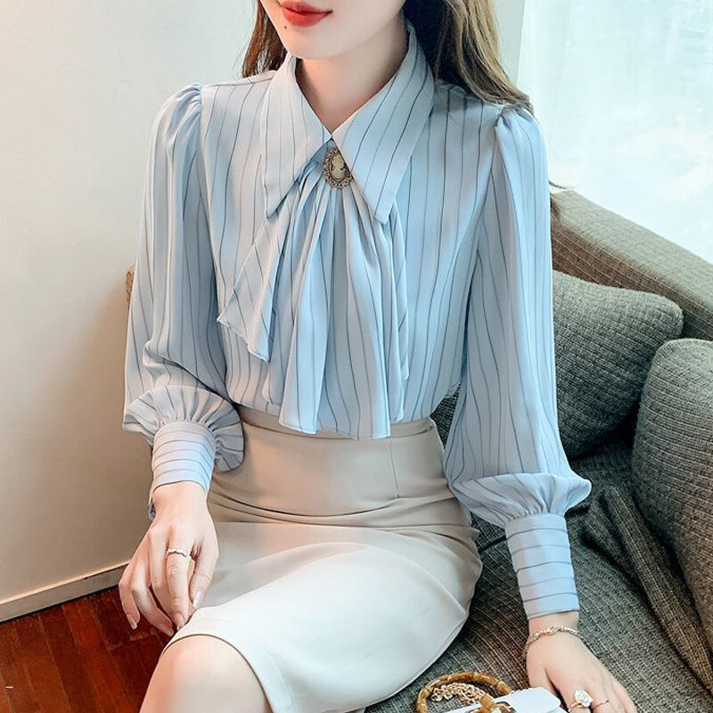 Proljeće Jesen Ženska korejska modna vintage košulja s prugastim printom Uredska dama Poslovna ležerna Elegantna bluza Majice dugih rukava s mašnom