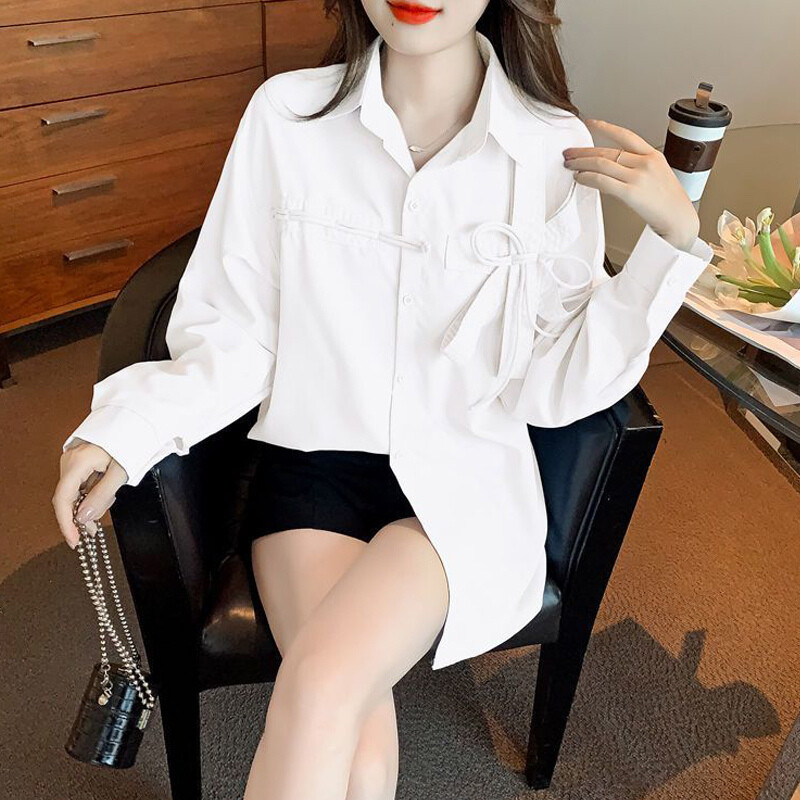 Slatka šik mašna Plavo-bijela ulična odjeća Tunike Košulje Proljeće Jesen Moda Ležerna široka majica dugih rukava Bluze za žene Odjeća