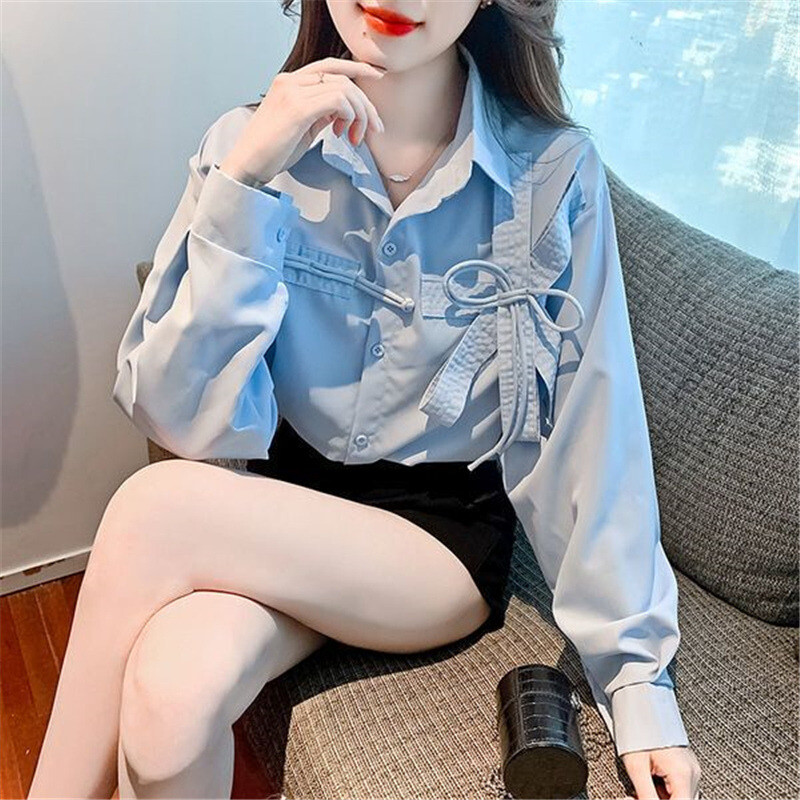 Slatka šik mašna Plavo-bijela ulična odjeća Tunike Košulje Proljeće Jesen Moda Ležerna široka majica dugih rukava Bluze za žene Odjeća