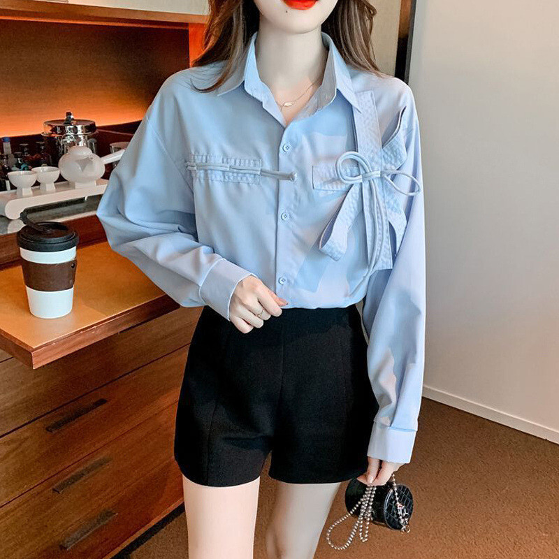 Slatka šik mašna Plavo-bijela ulična odjeća Tunike Košulje Proljeće Jesen Moda Ležerna široka majica dugih rukava Bluze za žene Odjeća