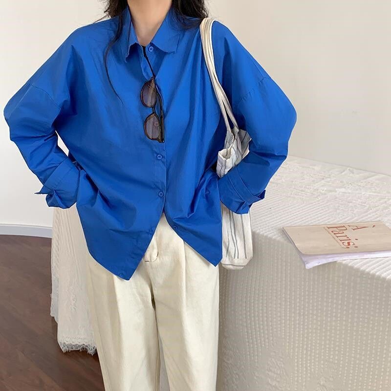 Proljeće jesen Nova Klein plava košulja za žene s polo izrezom dugih rukava široka korejska jednobojna bluza Ležerna modna odjeća