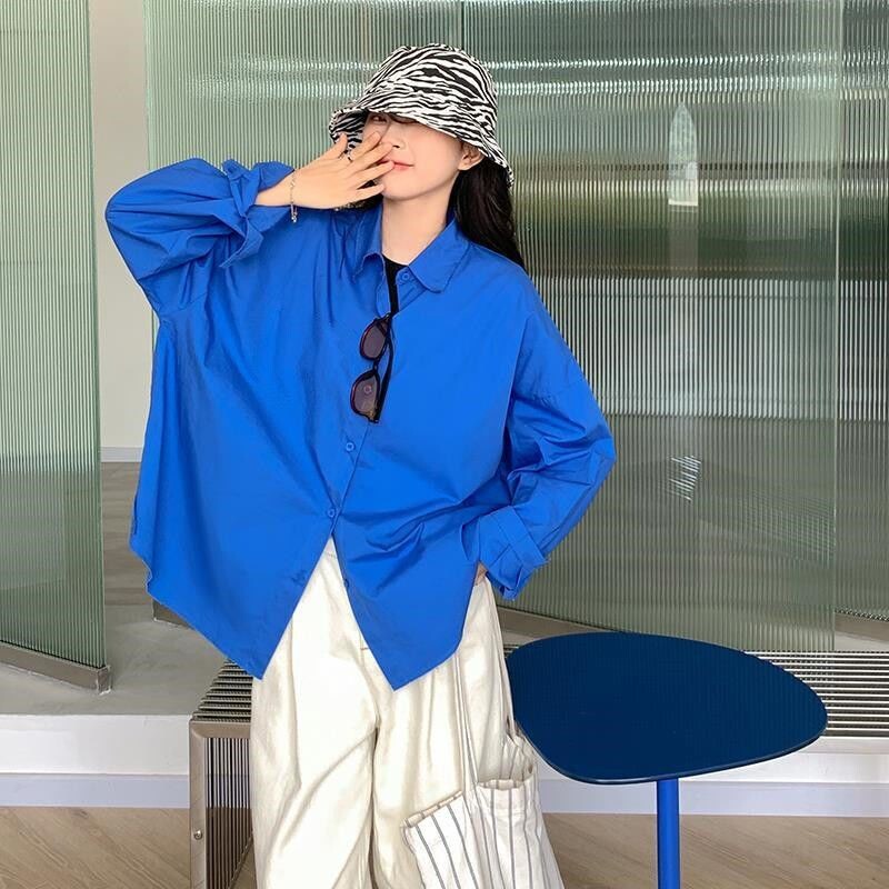 Proljeće jesen Nova Klein plava košulja za žene s polo izrezom dugih rukava široka korejska jednobojna bluza Ležerna modna odjeća