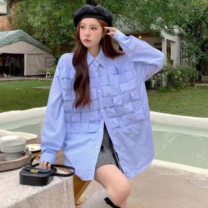 EBAIHUI Tkana košulja s plavim prugama Proljeće Jesen Opuštena posebna ženska bluza dugih rukava Japansko korejsko izdanje Svestrane bluze