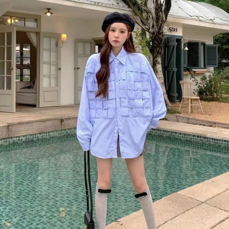 EBAIHUI Tkana košulja s plavim prugama Proljeće Jesen Opuštena posebna ženska bluza dugih rukava Japansko korejsko izdanje Svestrane bluze