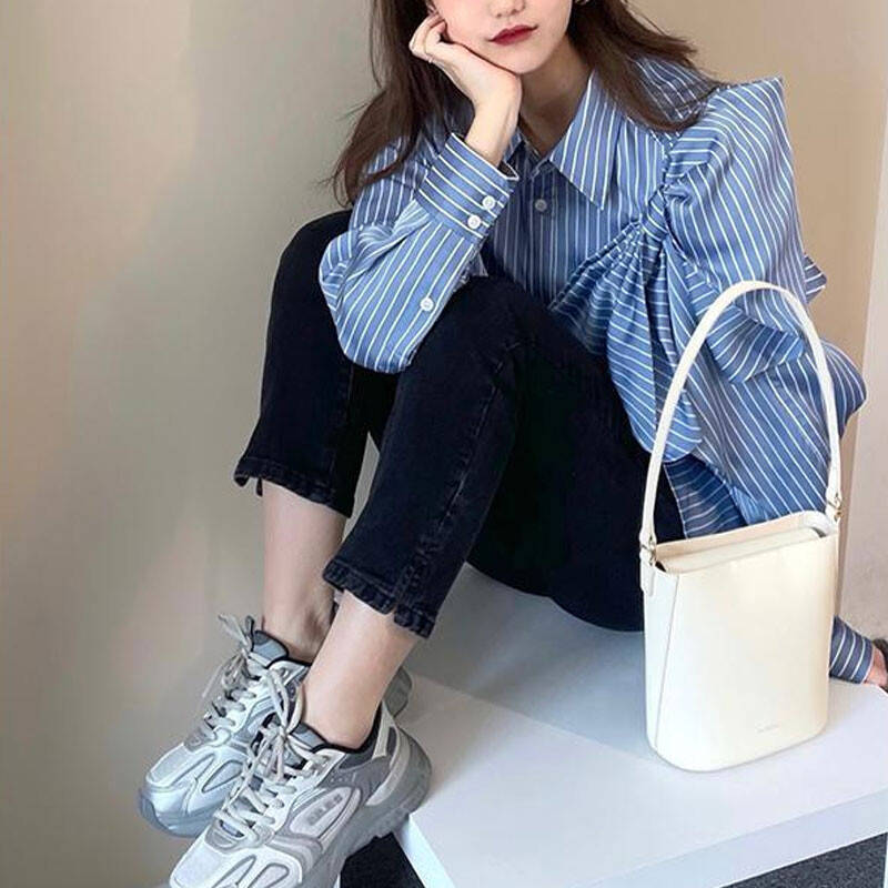 Korejska košulja s velikom mašnom, moda za proljeće i jesen 2023. Široka prugasta ženska odjeća za putovanje na posao s jednim kopčanjem, bluza s polo izrezom
