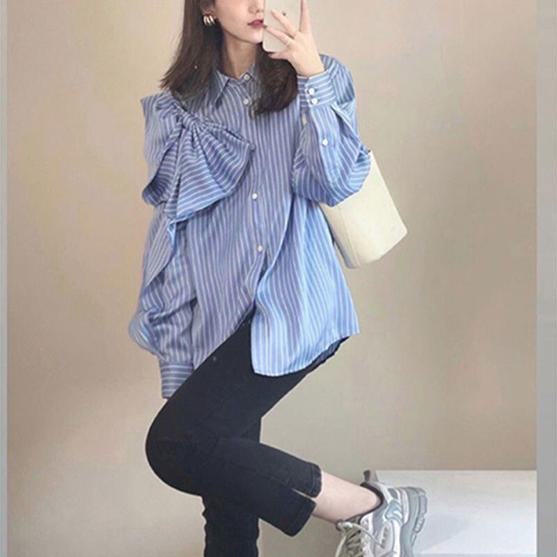 Korejska košulja s velikom mašnom, moda za proljeće i jesen 2023. Široka prugasta ženska odjeća za putovanje na posao s jednim kopčanjem, bluza s polo izrezom
