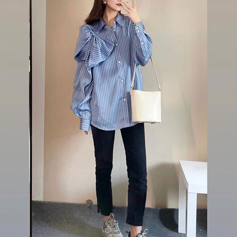 Korejska košulja s velikom mašnom, moda za proljeće i jesen 2023. Široka prugasta ženska odjeća za putovanje na posao s jednim kopčanjem, bluza s polo izrezom