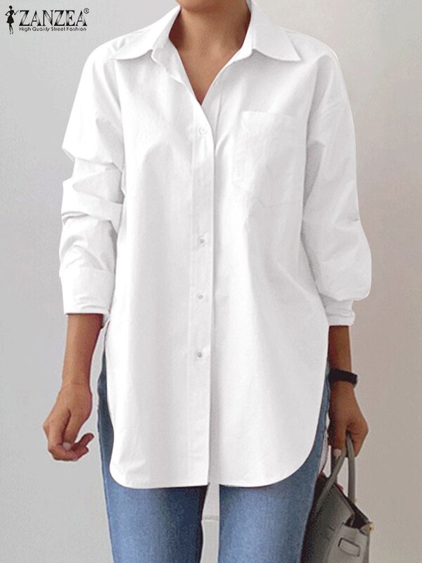 2023 ZANZEA proljeće Elegantna bluza Elegantna ženska košulja dugih rukava s izrezom na preklop široke jednobojne majice s podijeljenim rubom Oversize OL radne bluze