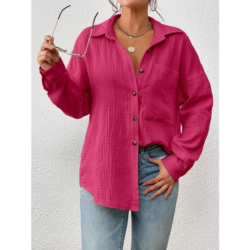 Jednobojne ležerne široke košulje za žene Jesen 2024. Vintage ženske prekomjerne košulje i bluze Modne, elegantne ženske majice za mlade