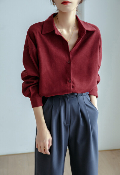 Femei de primăvară Vintage oversize din velur alb Cămăși buzunare mâneci întregi guler răsturnat bluză casual Office Lady Topuri de bază T1