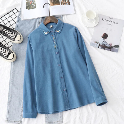 Cămăși albe din velur cu broderie vintage femei toamnă japoneză casual zilnic cu rever bluze și topuri îmbrăcăminte exterioară largi