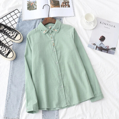 Cămăși albe din velur cu broderie vintage femei toamnă japoneză casual zilnic cu rever bluze și topuri îmbrăcăminte exterioară largi