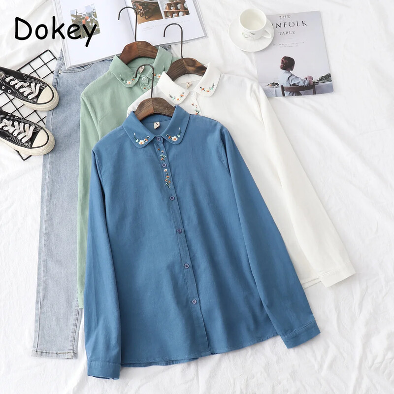 Vintage bijele košulje od samta s vezom Ženske jesenske japanske ležerne dnevne bluze i gornji dijelovi dugih rukava na rever Široka gornja odjeća