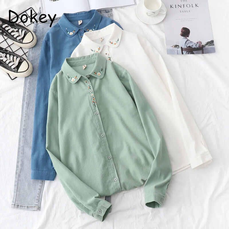 Vintage bijele košulje od samta s vezom Ženske jesenske japanske ležerne dnevne bluze i gornji dijelovi dugih rukava na rever Široka gornja odjeća