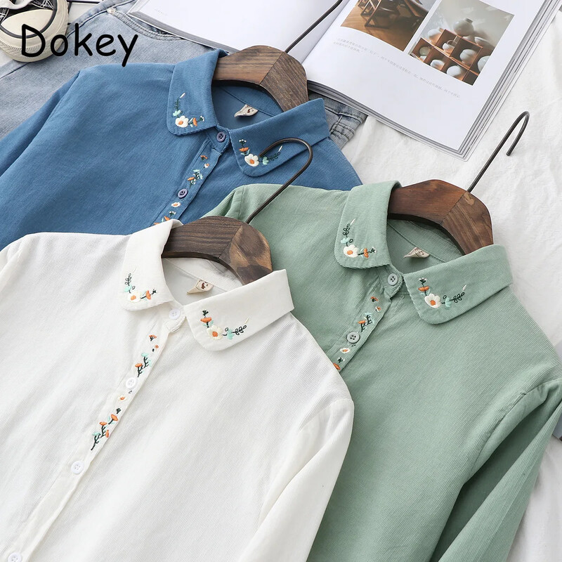 Vintage bijele košulje od samta s vezom Ženske jesenske japanske ležerne dnevne bluze i gornji dijelovi dugih rukava na rever Široka gornja odjeća