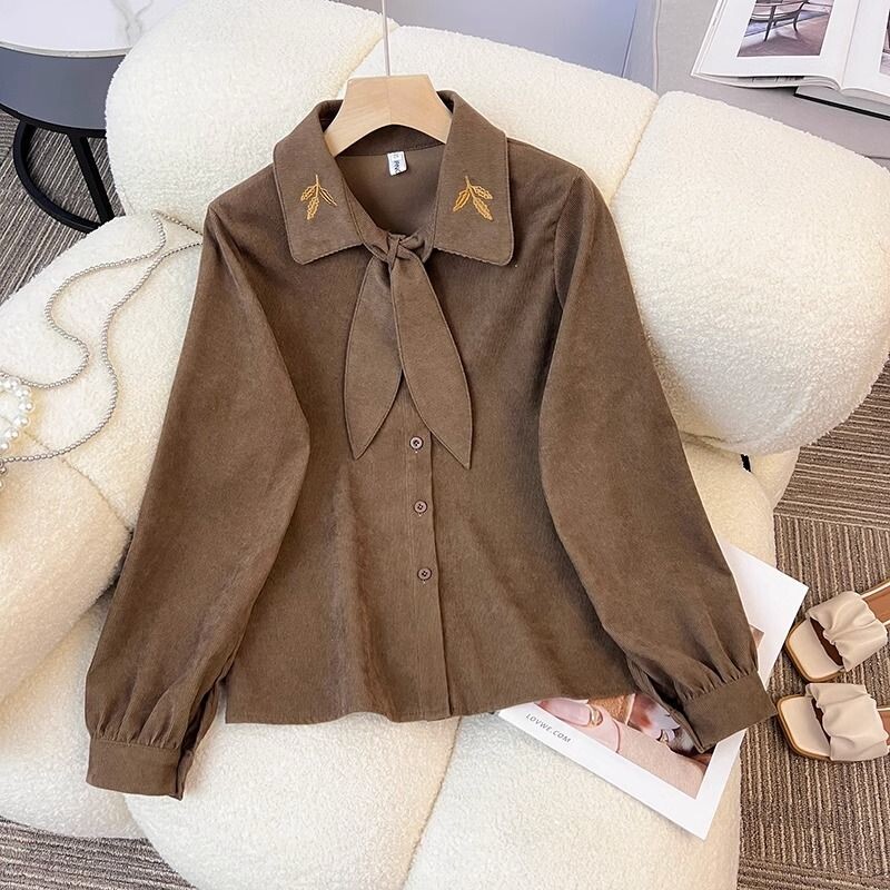 Proljeće Jesen Izvezena svestrana gornja odjeća Košulja za žene Francuski stil Leptir kravata Zavezana od samta Modna majica dugih rukava