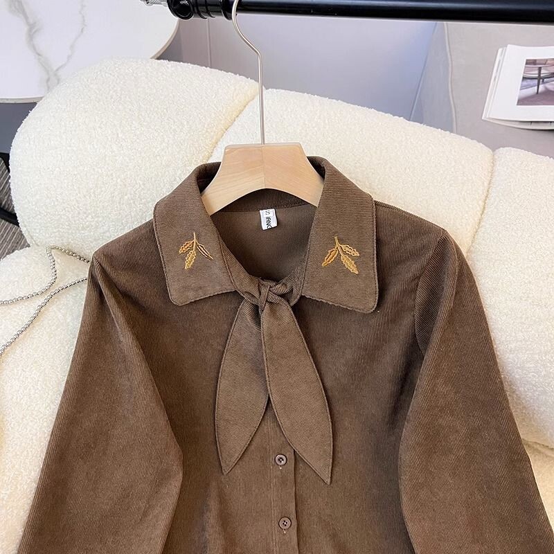 Proljeće Jesen Izvezena svestrana gornja odjeća Košulja za žene Francuski stil Leptir kravata Zavezana od samta Modna majica dugih rukava