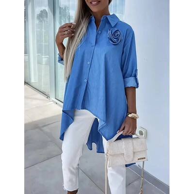 Tinaa 2024 Buzunare cu nasturi Culoare uni Jumătate mâneci Bluze și cămăși cu revere înalte-joase Ieșiri de toamnă Topuri casual